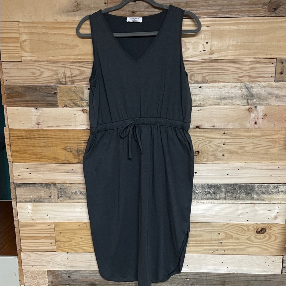 Zenana Outfitters size XL Dark Gray Sleeveless V-Neck Drawstring Midi Dress
